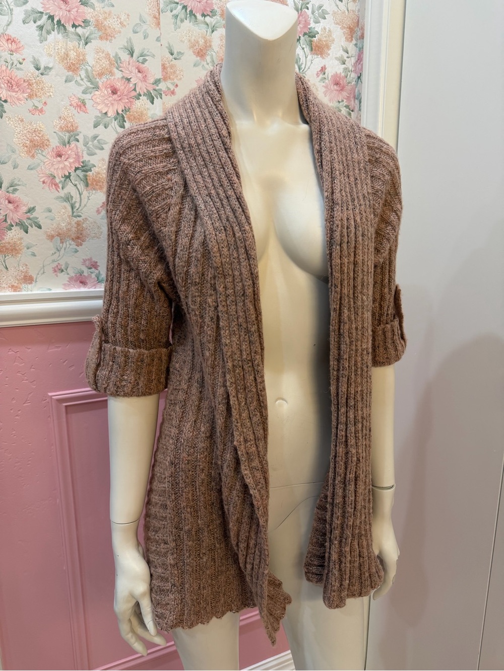 BCBGMaxAzria Rose Taupe Ribbed Open-Front Cardigan